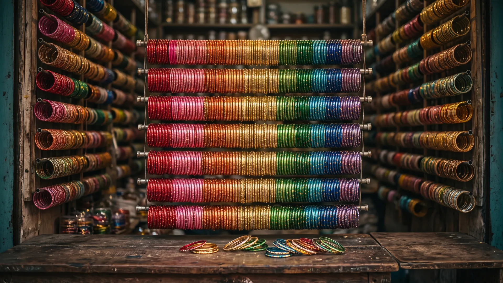 A glass bangle shop: bangles stacked on rods in a rainbow of colours, more stacks on the walls either side, and loose bangles on the wooden counter