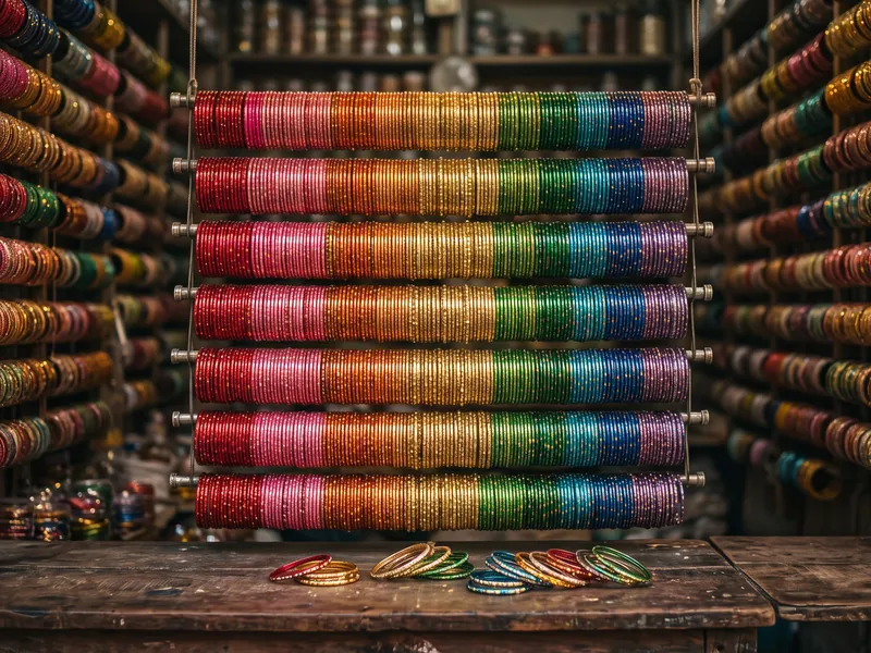 A glass bangle shop: bangles stacked on rods in a rainbow of colours, more stacks on the walls either side, and loose bangles on the wooden counter
