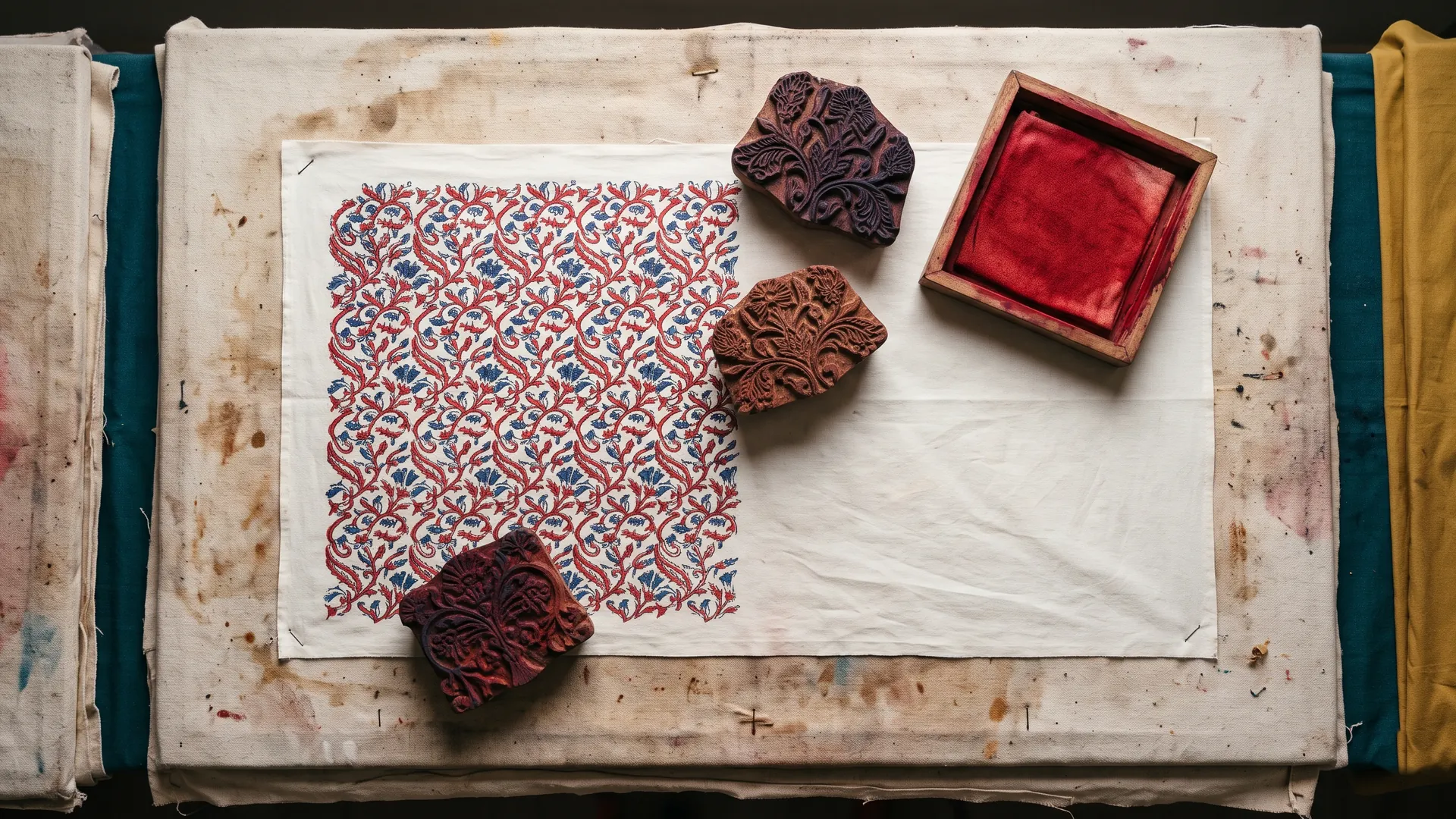 Hand block printing seen from above: white cotton printed with a red and indigo vine pattern, three carved wooden blocks and a tray of red dye on the printing table