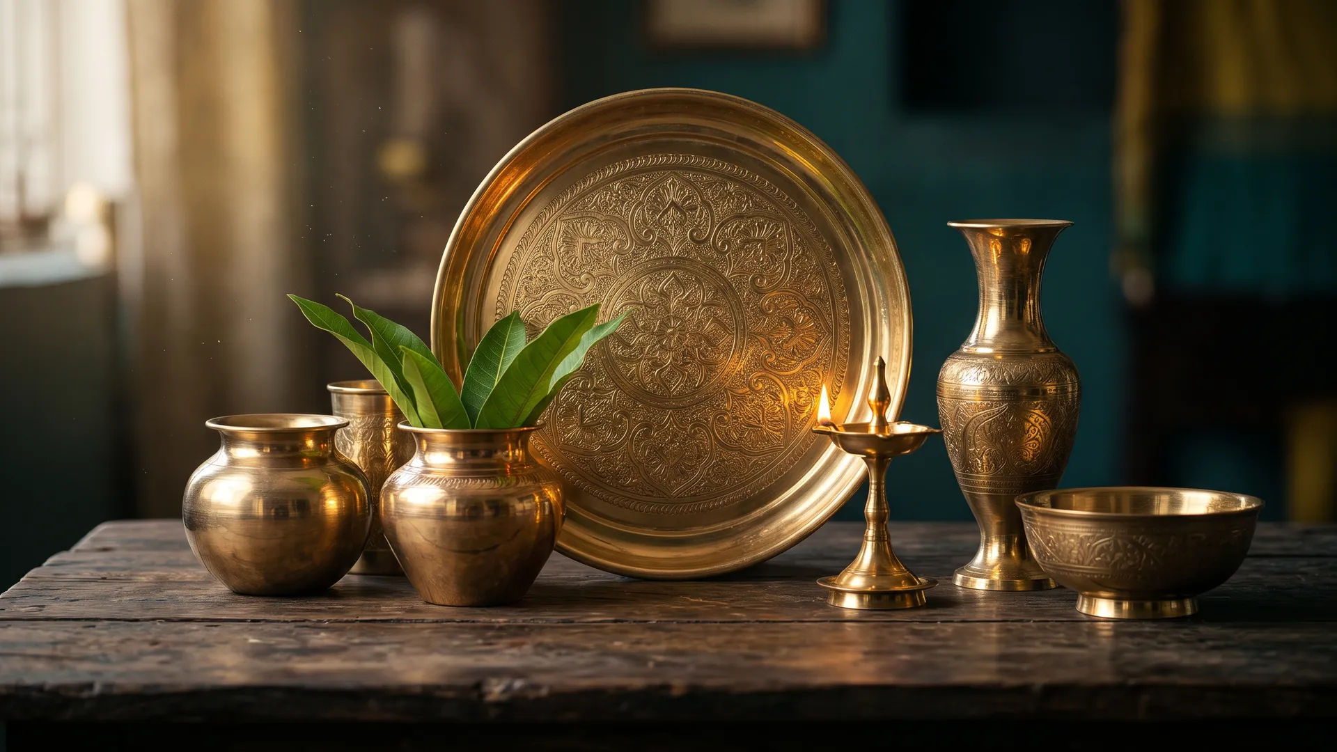 Hand-engraved brassware on a dark wooden table: a large engraved thali, two lotas, a kalash with mango leaves, a lit oil lamp, a tall vase and a bowl
