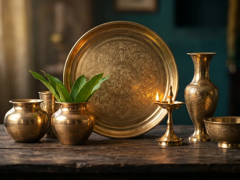 Hand-engraved brassware on a dark wooden table: a large engraved thali, two lotas, a kalash with mango leaves, a lit oil lamp, a tall vase and a bowl