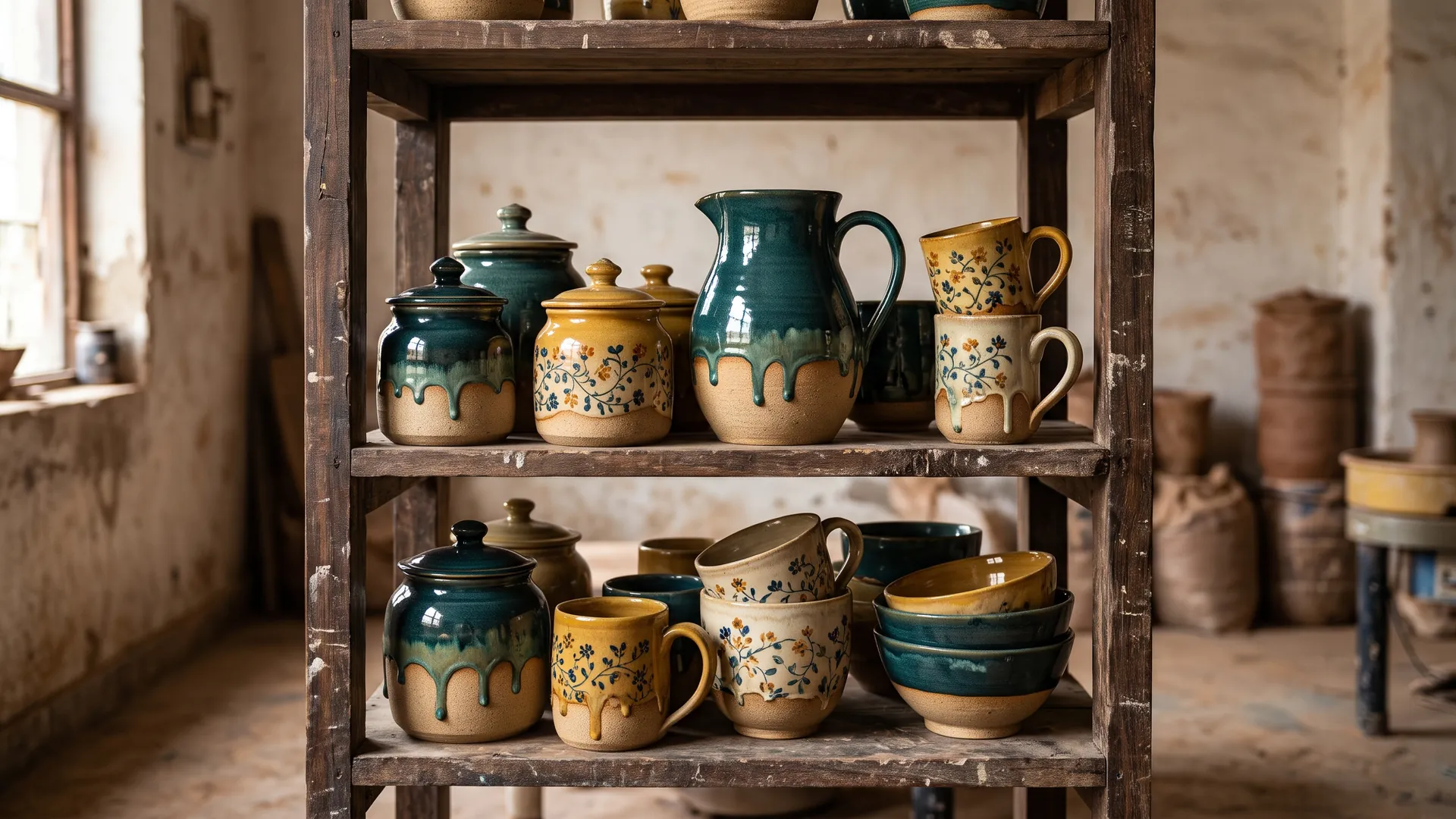 Hand-painted blue and white Khurja pottery jars with lids