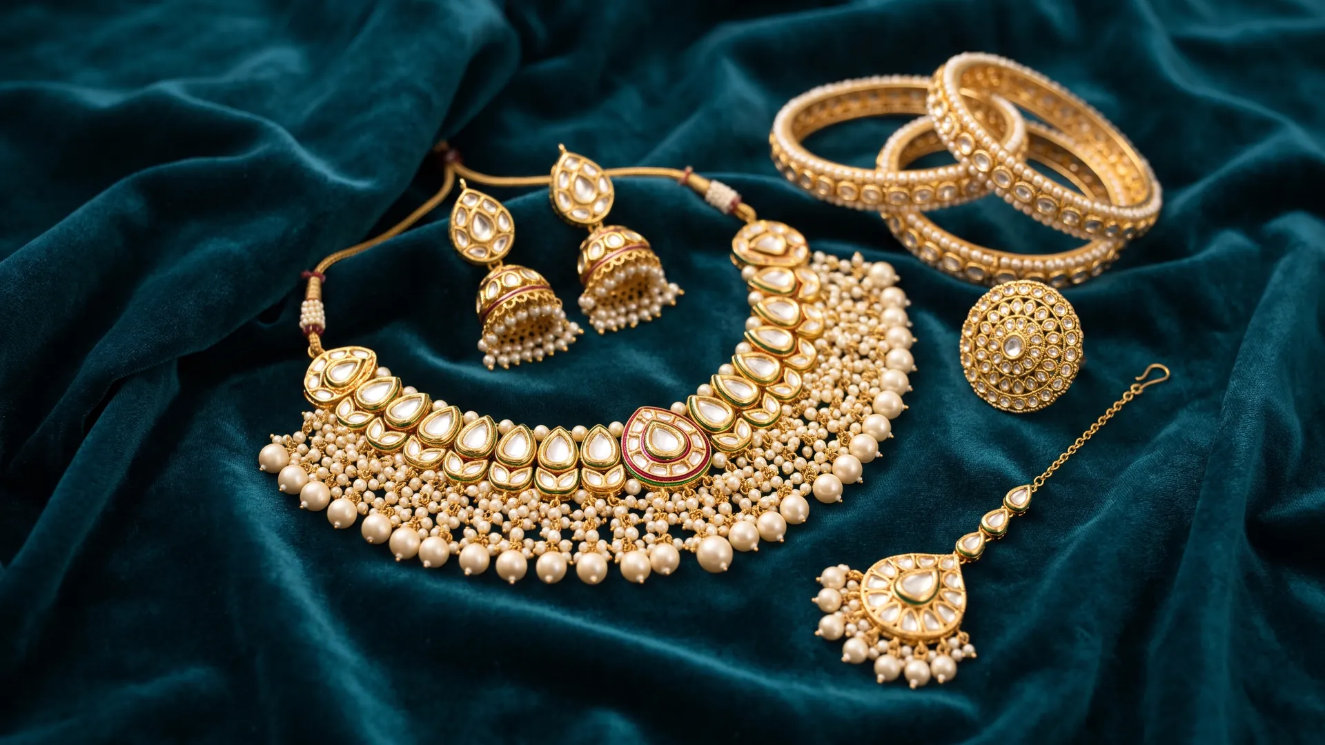 Kundan fashion jewellery on teal velvet: a necklace with pearl drops, jhumka earrings, three pearl-edged bangles, a cocktail ring and a maang tikka