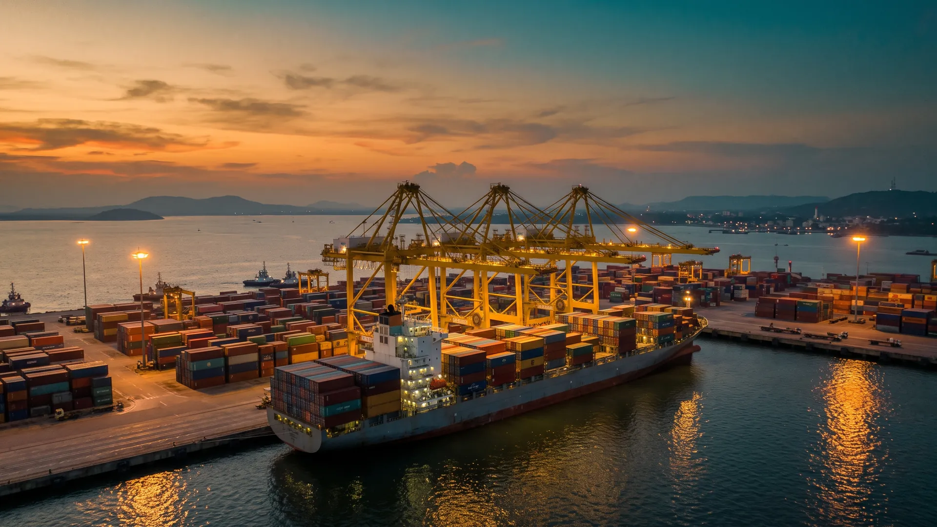 A container port at dusk: yellow ship-to-shore cranes loading a container ship, with stacks of containers on the quay and an orange and teal sky