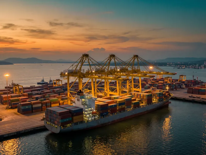 Container cranes and a container ship at Jawaharlal Nehru Port (Nhava Sheva), Navi Mumbai