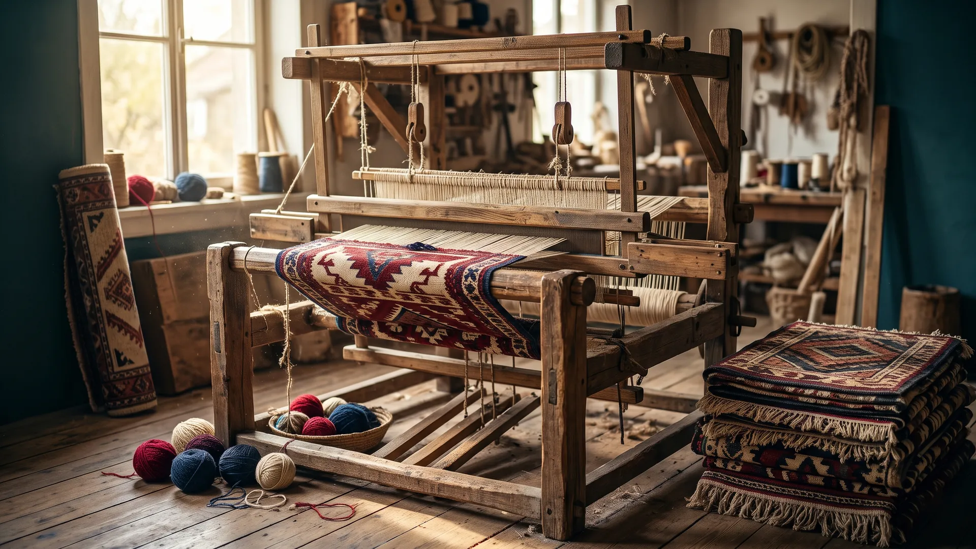 A wooden handloom in a sunlit workshop with a half-woven red, cream and indigo kilim, balls of wool, a rolled rug and a stack of finished rugs