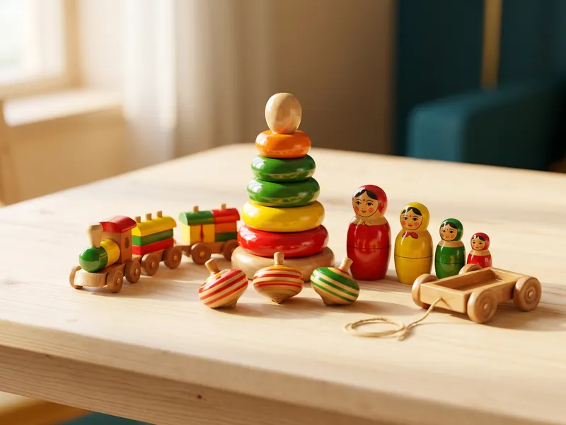 Lacquered wooden toys on a light wooden table: a stacking-ring tower, a toy train, three striped spinning tops, painted nesting dolls and a pull-along cart