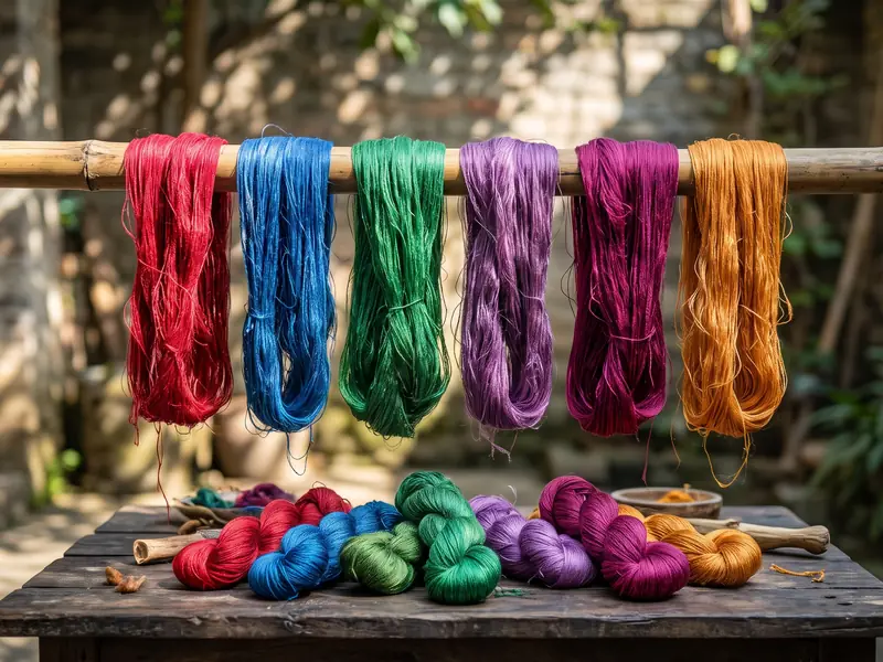 Hand-dyed silk yarn in a sunlit courtyard: red, blue, green, purple, magenta and saffron hanks drying over a bamboo pole, with twisted skeins on a wooden table below